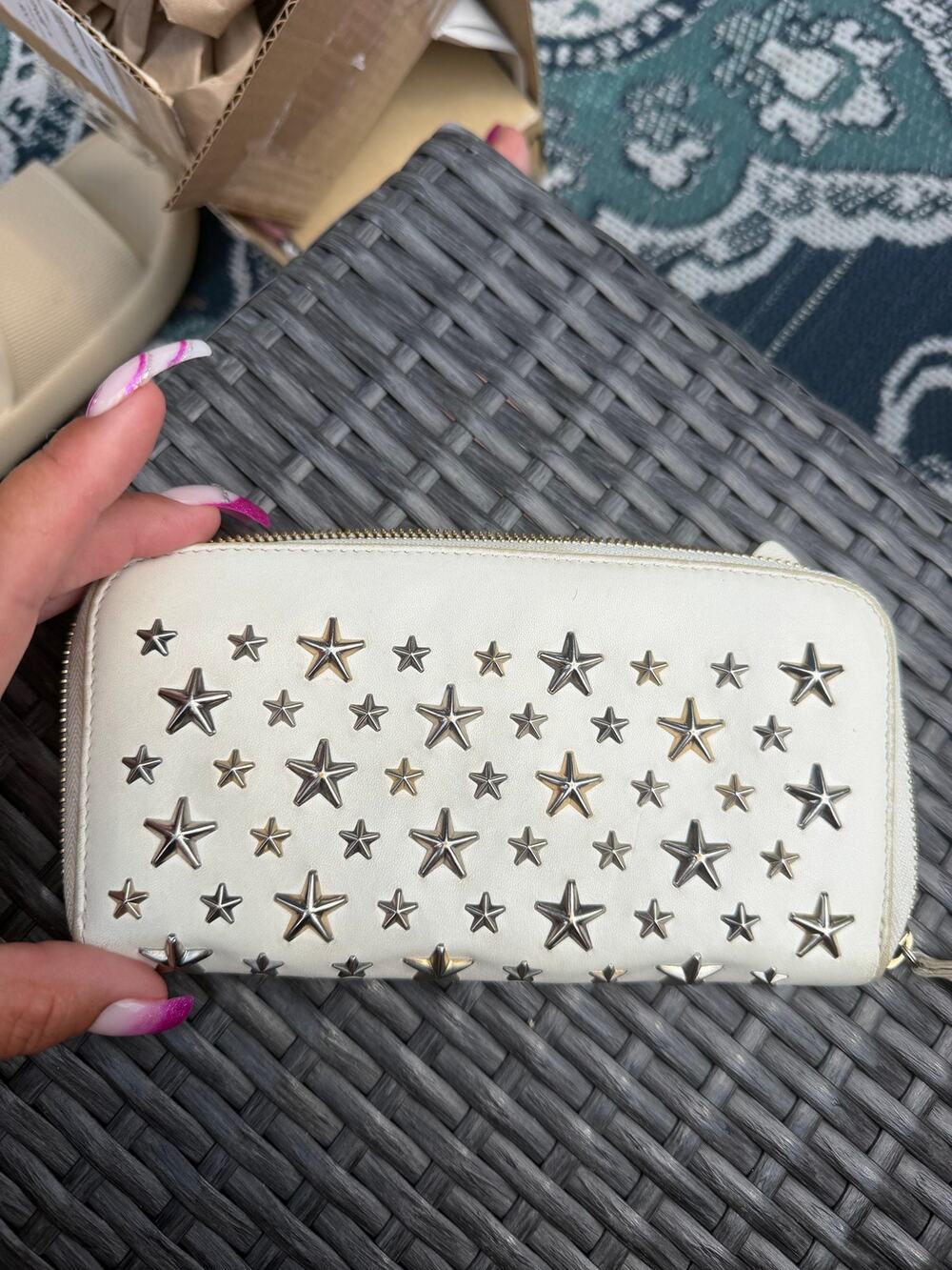 JIMMY CHOO Long Wallet Stars White Leather Authentic USED